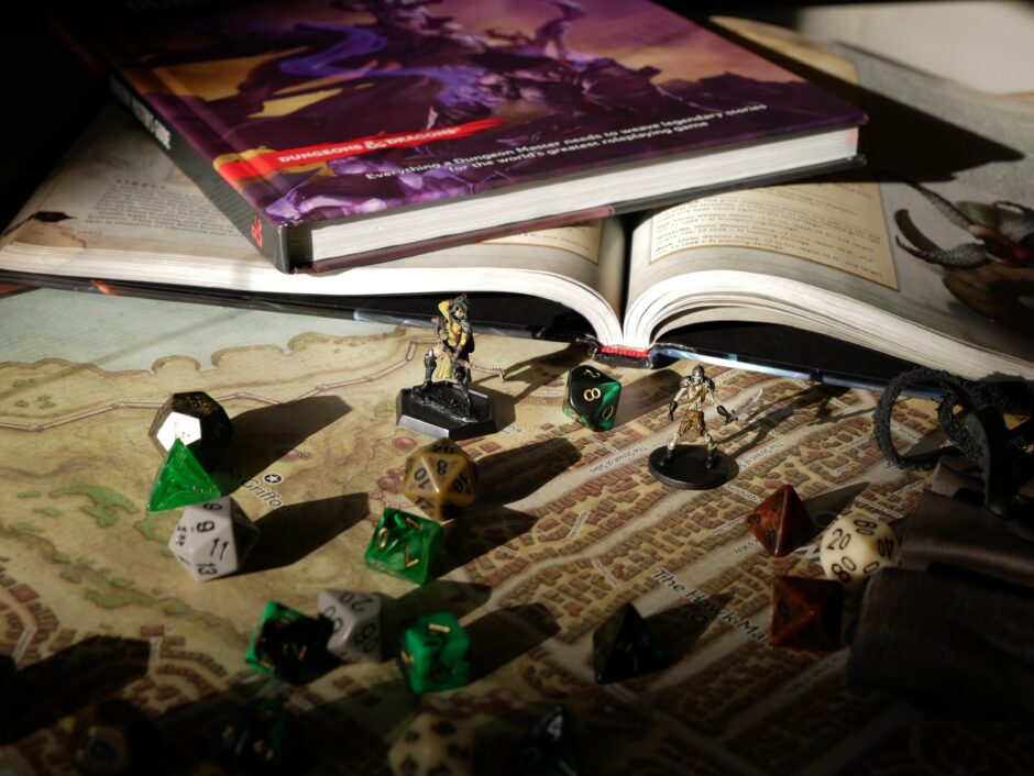 RPG map, rulebooks and dice