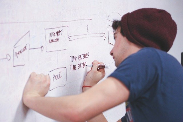 Man writing explanations on a whiteboard